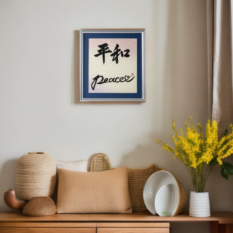 Heiwa "Peace" in Japanese - Silver Frame with Blue Mat (Free Shipping)