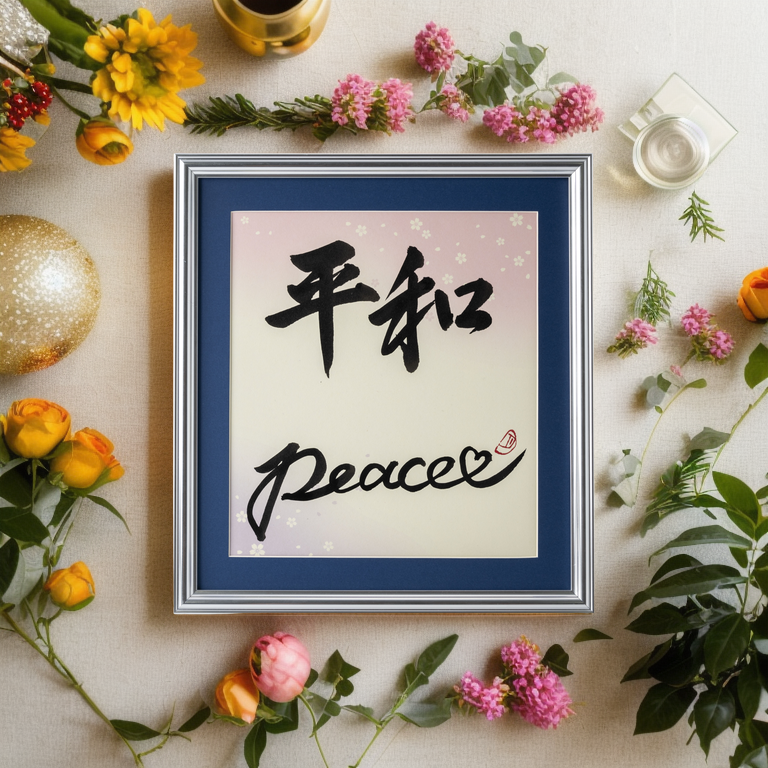 Heiwa "Peace" in Japanese - Silver Frame with Blue Mat (Free Shipping)