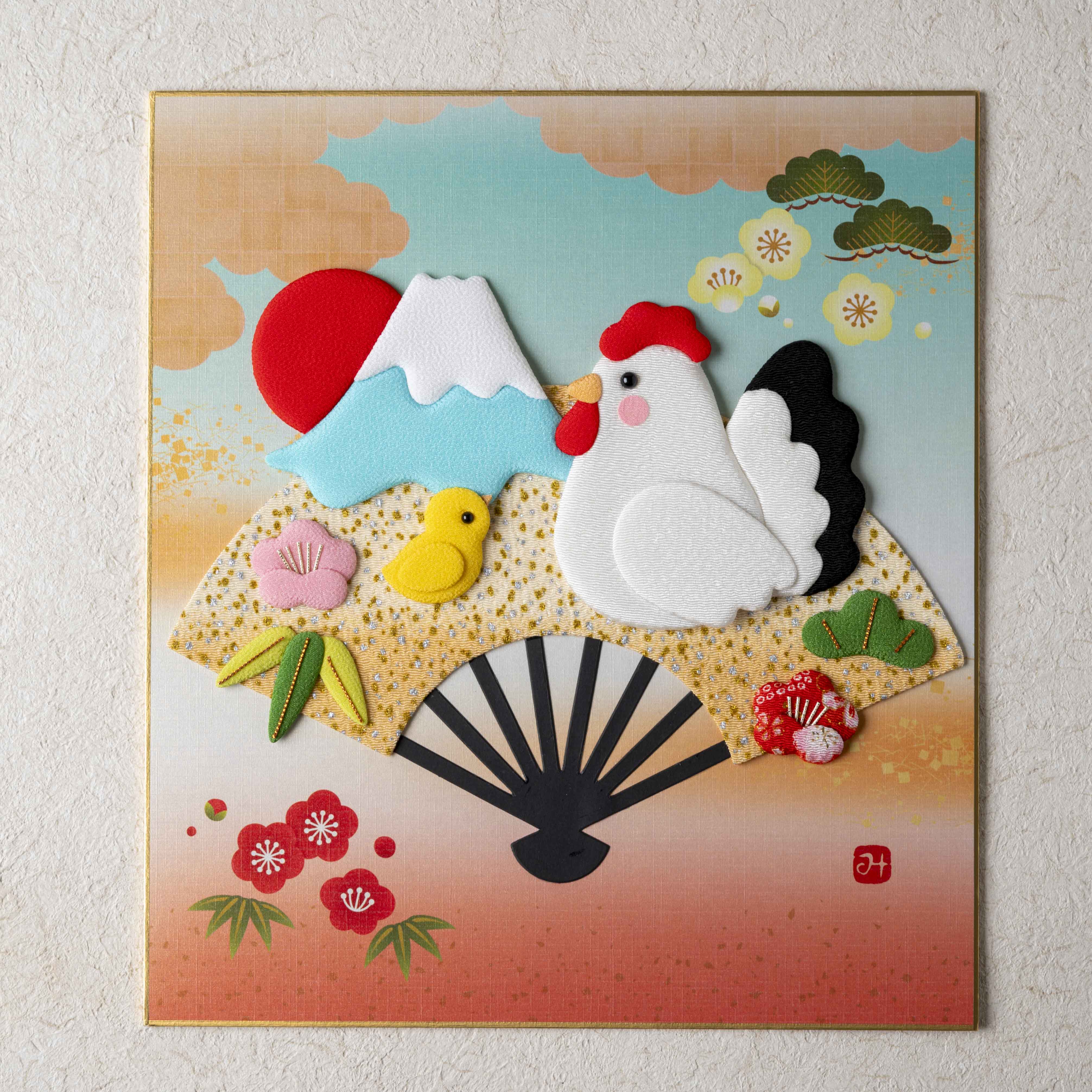 Rooster et poussin avec le mont Fuji - Cadre bleu marine et or, œuvres de tissu surélevées