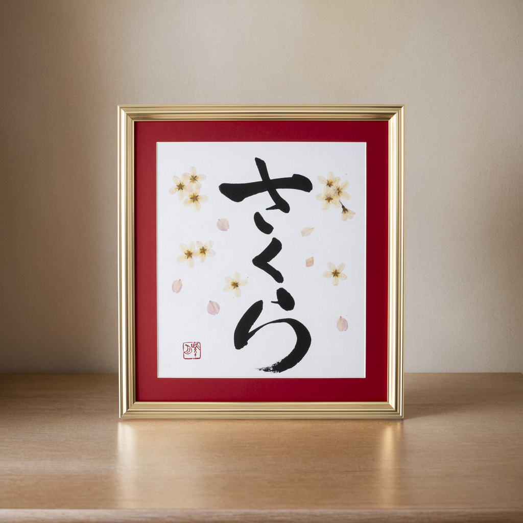 Pressed Flower Sakura "Cherry Blossom" in Japanese - Gold Frame with Red Mat, Design 3 (Free Shipping)