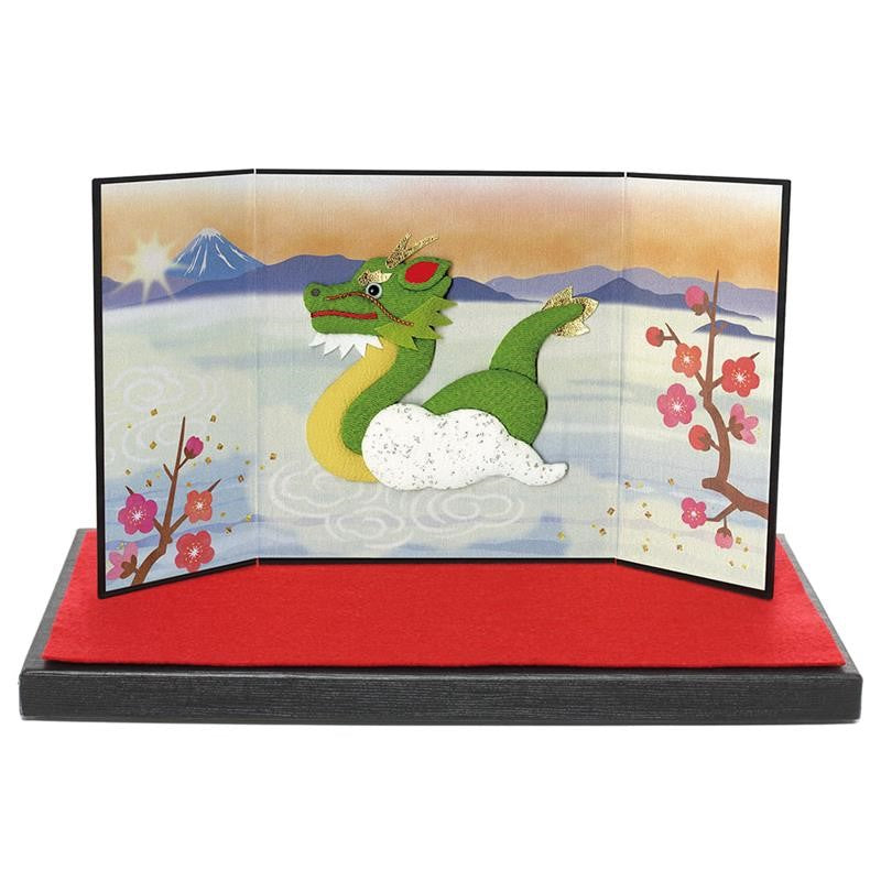 A Powerful Dragon with Mount Fuji - Folding Screen, Bringing You Good Fortune, Raised Cloth Artwork