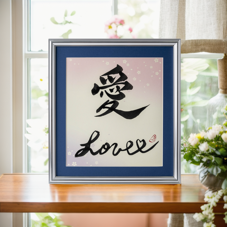 AI "Love" en japonais - cadre argenté avec tapis bleu (livraison gratuite)