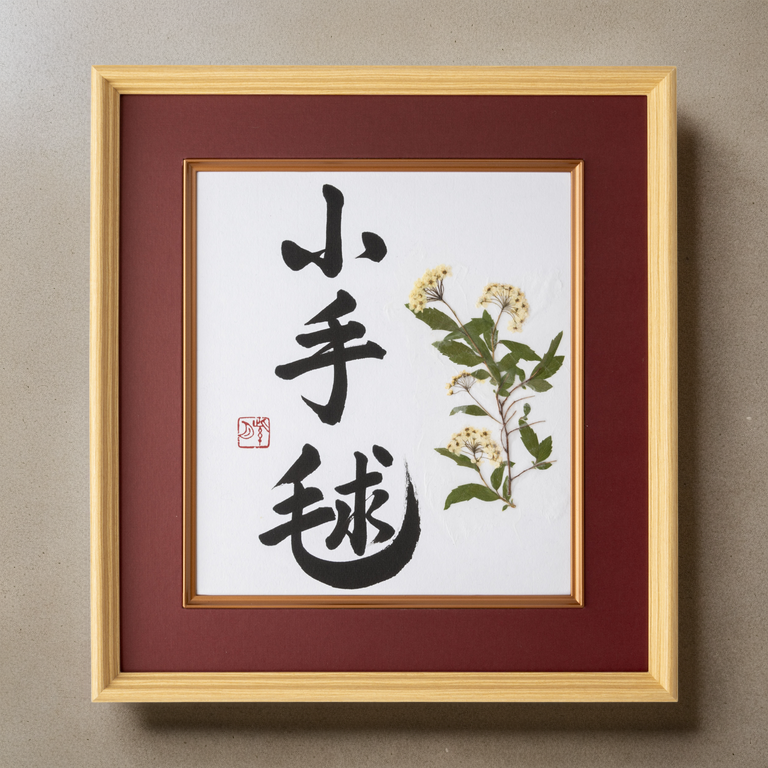 Pressed Flower Kodemari "Reeves Spirea" in Japanese - Wooden Frame with Red Mat. Handcrafted Japanese Calligraphy Shodo Artwork. (Free Shipping) - Design 1