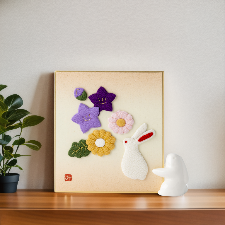 Autumn Flowers and Rabbit - Raised Cloth Artwork, Includes a Rabbit Stand