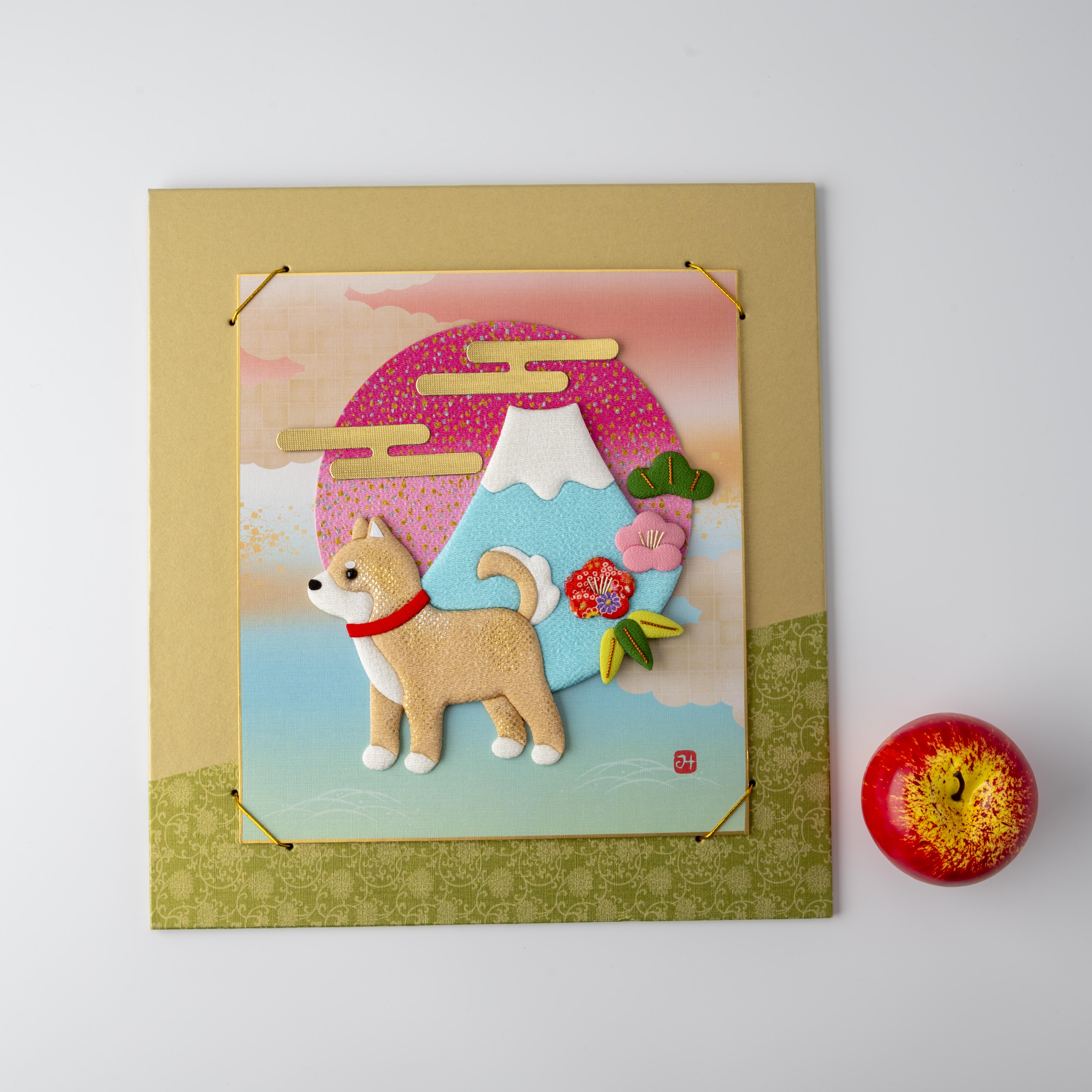 A Dog with Mount Fuji - Gold Frame, Raised Cloth Artwork