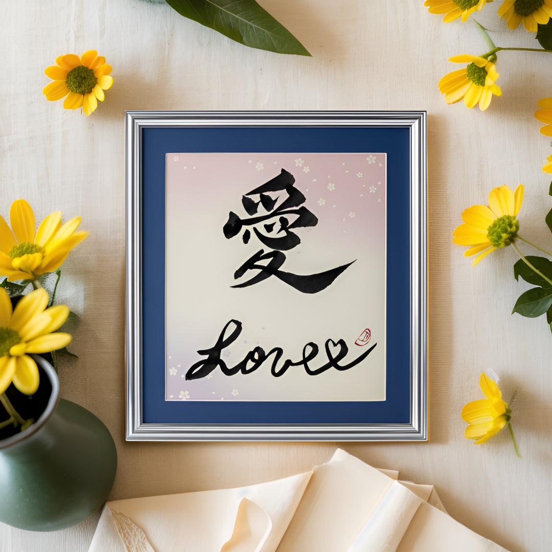 Ai "Love" in Japanese - Silver Frame with Blue Mat (Free Shipping)