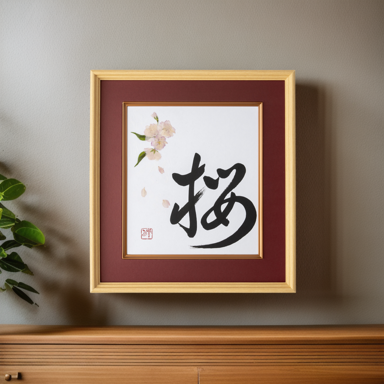 Pressed Flower Sakura "Cherry Blossom" in Japanese - Wooden Frame with Red Mat, Design 2 (Free Shipping)