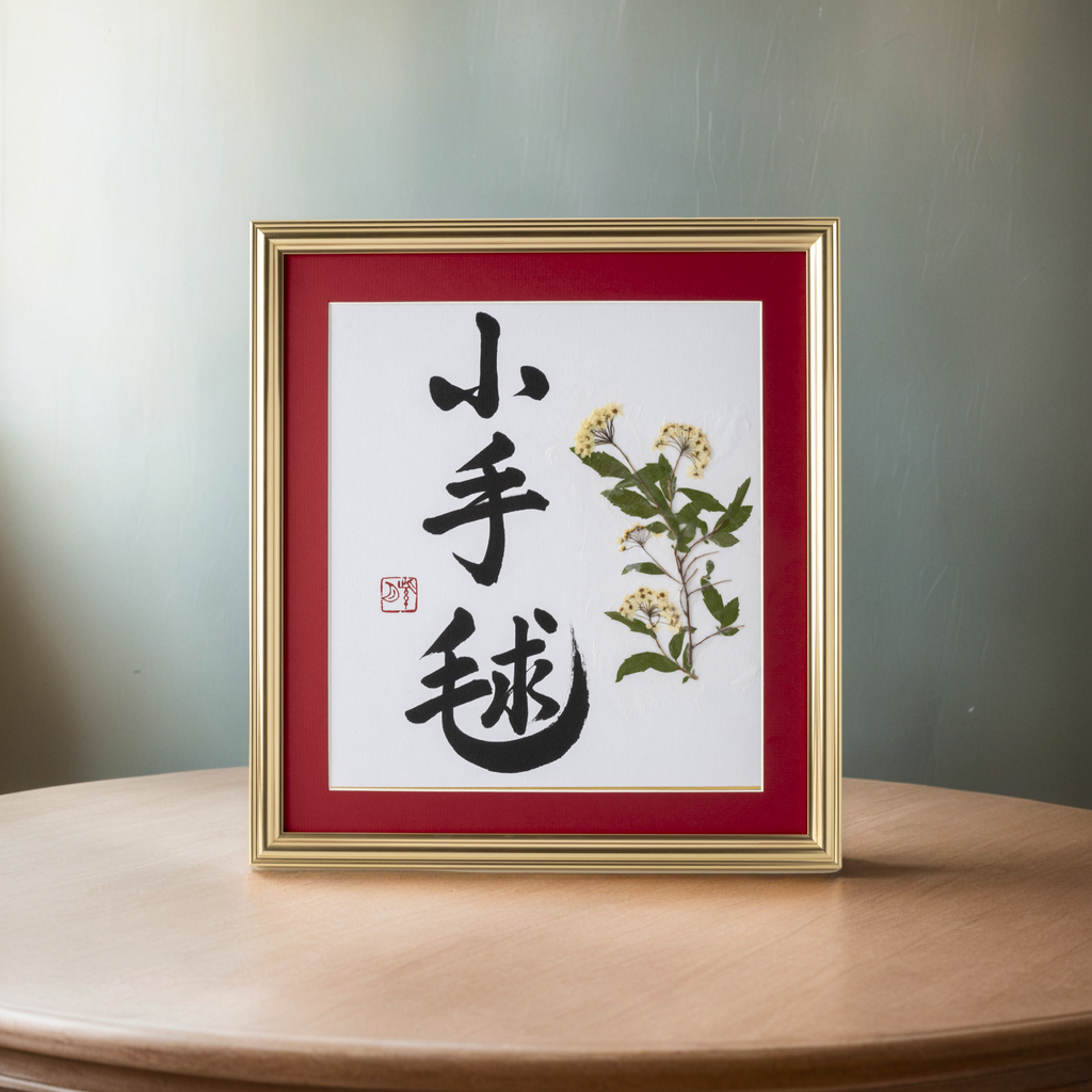 Pressed Flower Kodemari "Reeves Spirea" in Japanese - Gold Frame with Red Mat, Design 1 (Free Shipping)