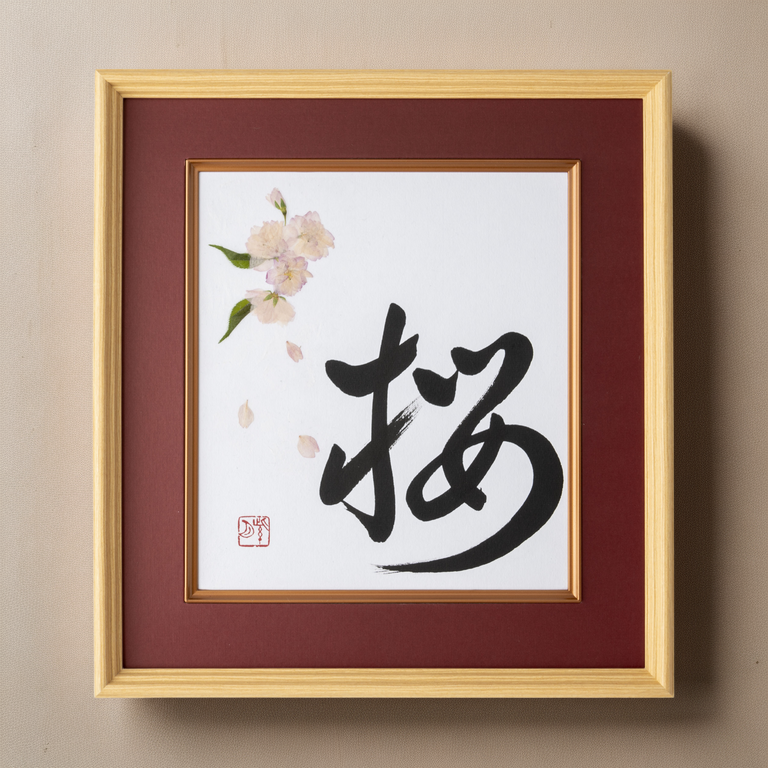 Pressed Flower Sakura "Cherry Blossom" in Japanese - Wooden Frame with Red Mat, Design 2 (Free Shipping)