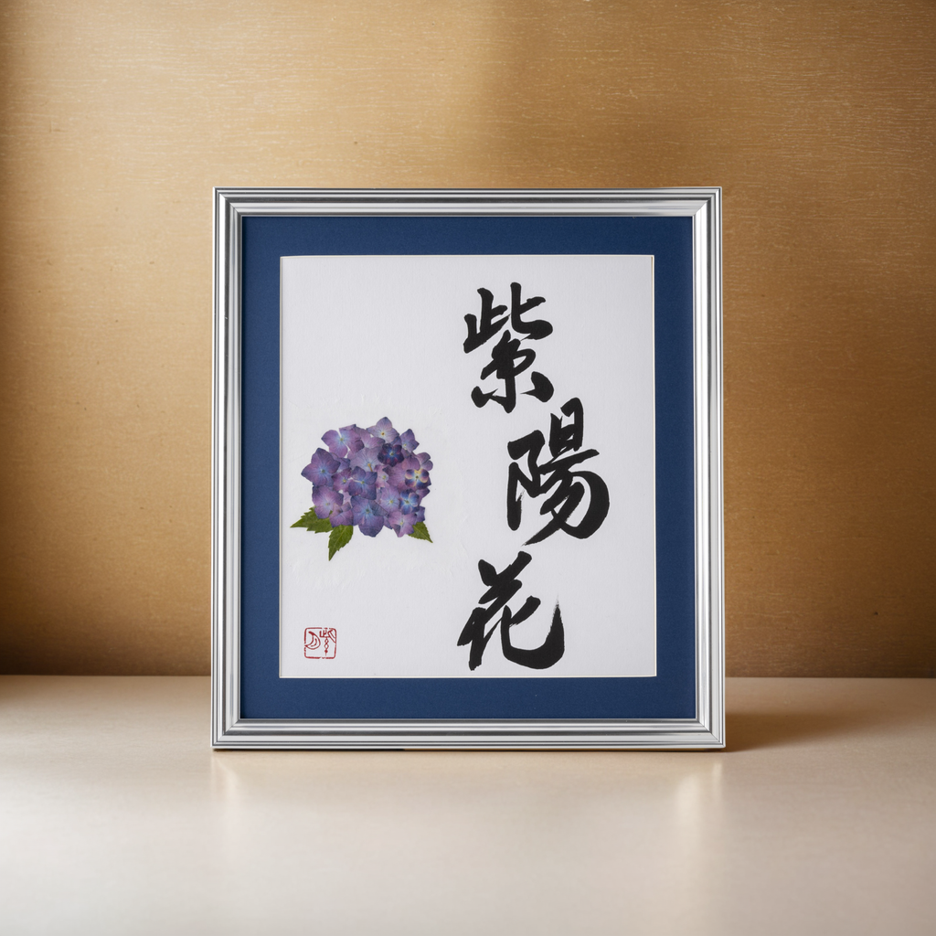 Pressed Flower Ajisai "Hydrangea" in Japanese - Silver Frame with Blue Mat, Design 2 (Free Shipping)