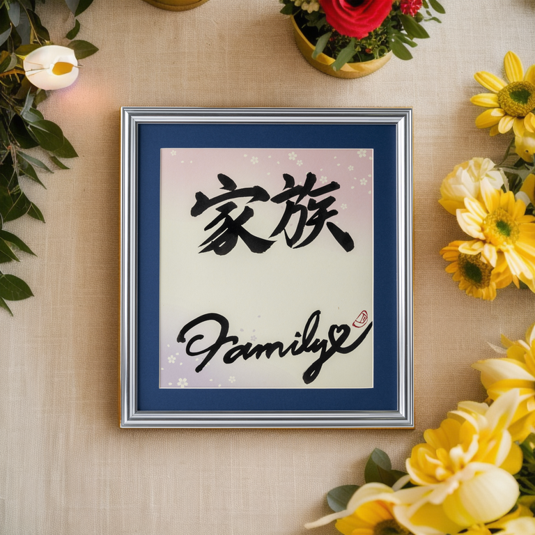 Kazoku "Family" in Japanese - Silver Frame with Blue Mat (Free Shipping)