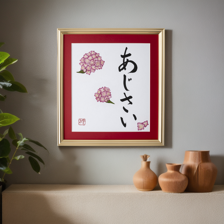 Pressed Flower Ajisai "Hydrangea" in Japanese - Gold Frame with Red Mat, Design 3 (Free Shipping)