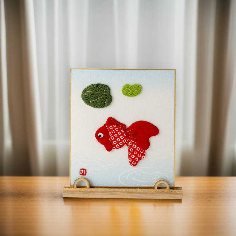 Playing Goldfish - Raised Cloth Artwork, Includes a Bamboo Stand