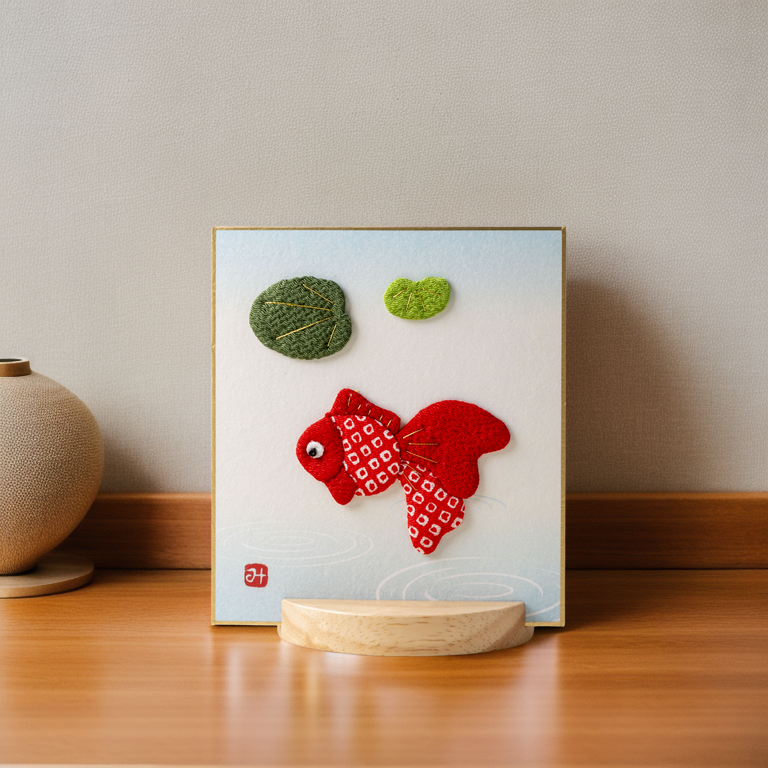 Playing Goldfish - Raised Cloth Artwork, Includes a Wooden Stand